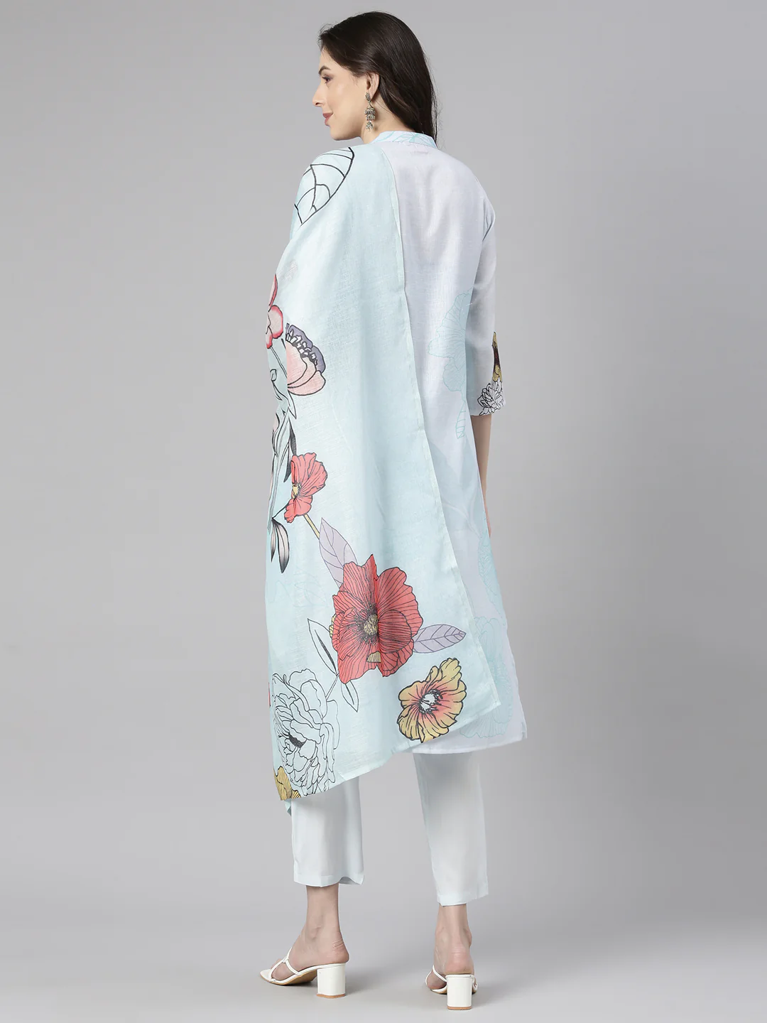 Neerus Blue Printed Straight Kurta and Trousers With Dupatta - Image 3