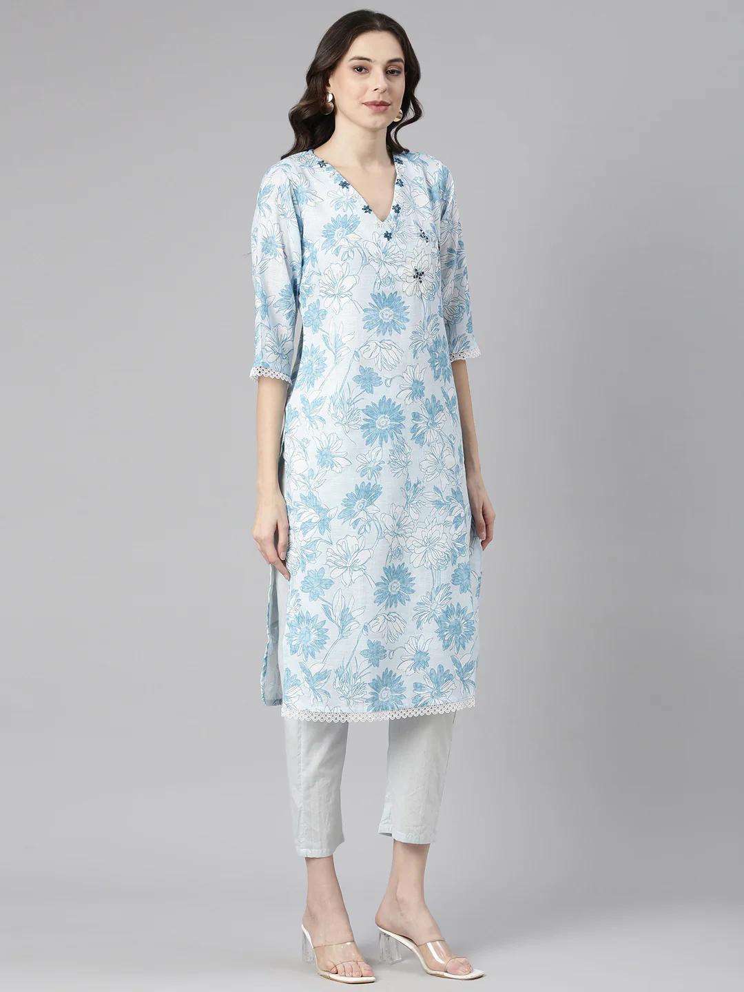 Neerus Blue Printed Straight Kurta and Trousers With Dupatta - Image 2