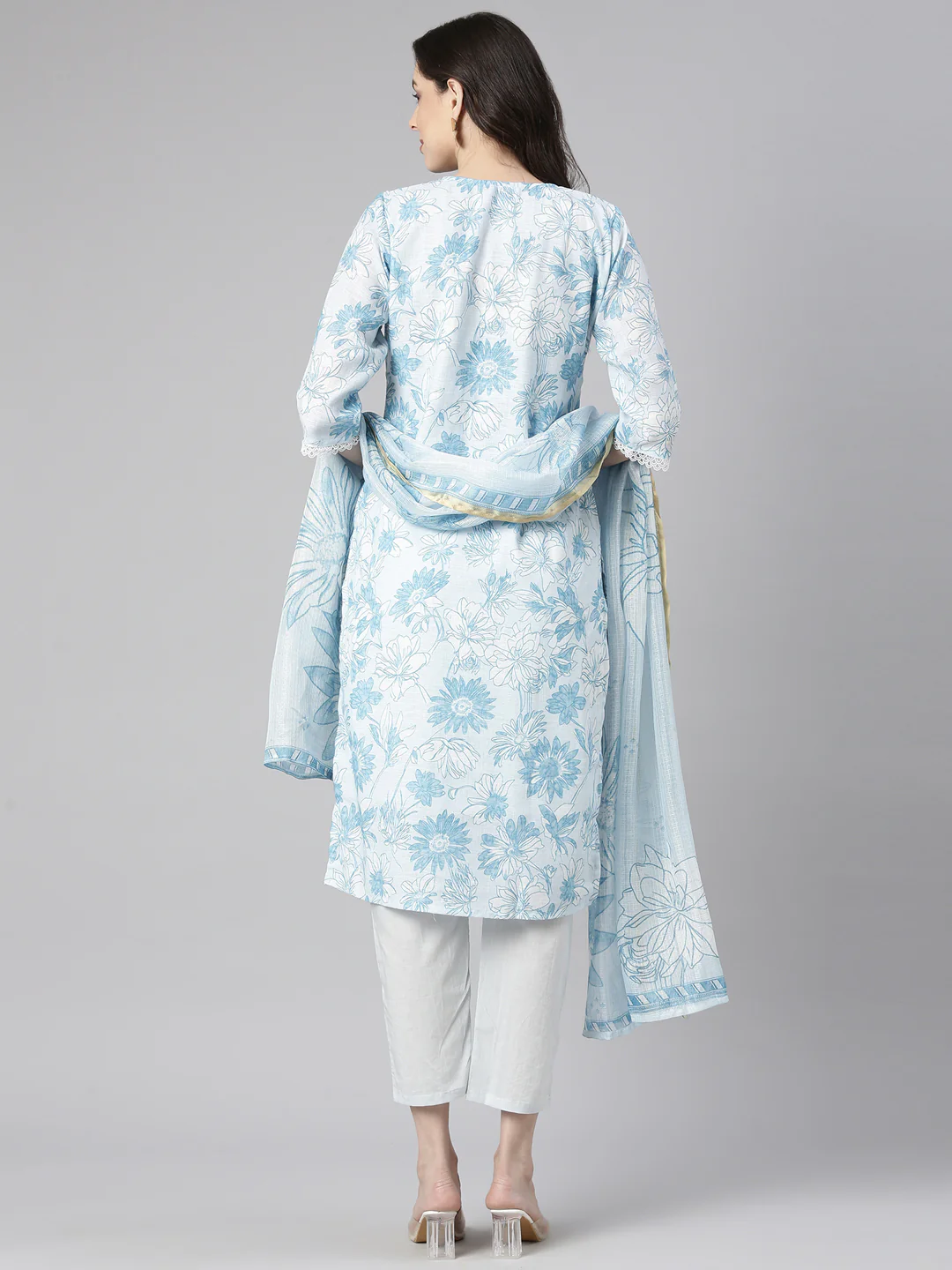 Neerus Blue Printed Straight Kurta and Trousers With Dupatta - Image 3