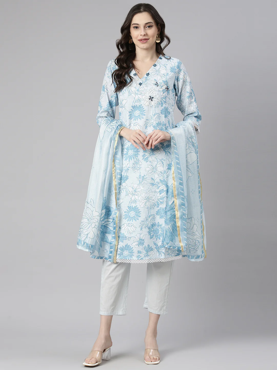 Neerus Blue Printed Straight Kurta and Trousers With Dupatta - Image 5