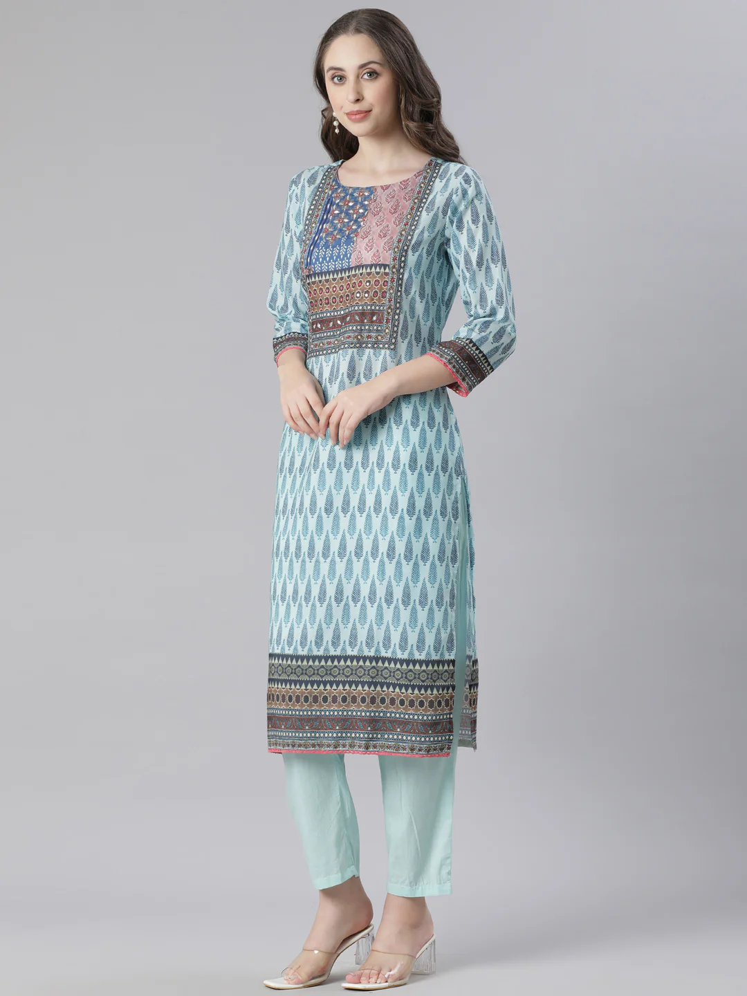 Neerus Blue Printed Straight Kurta and Trousers With Dupatta - Image 3