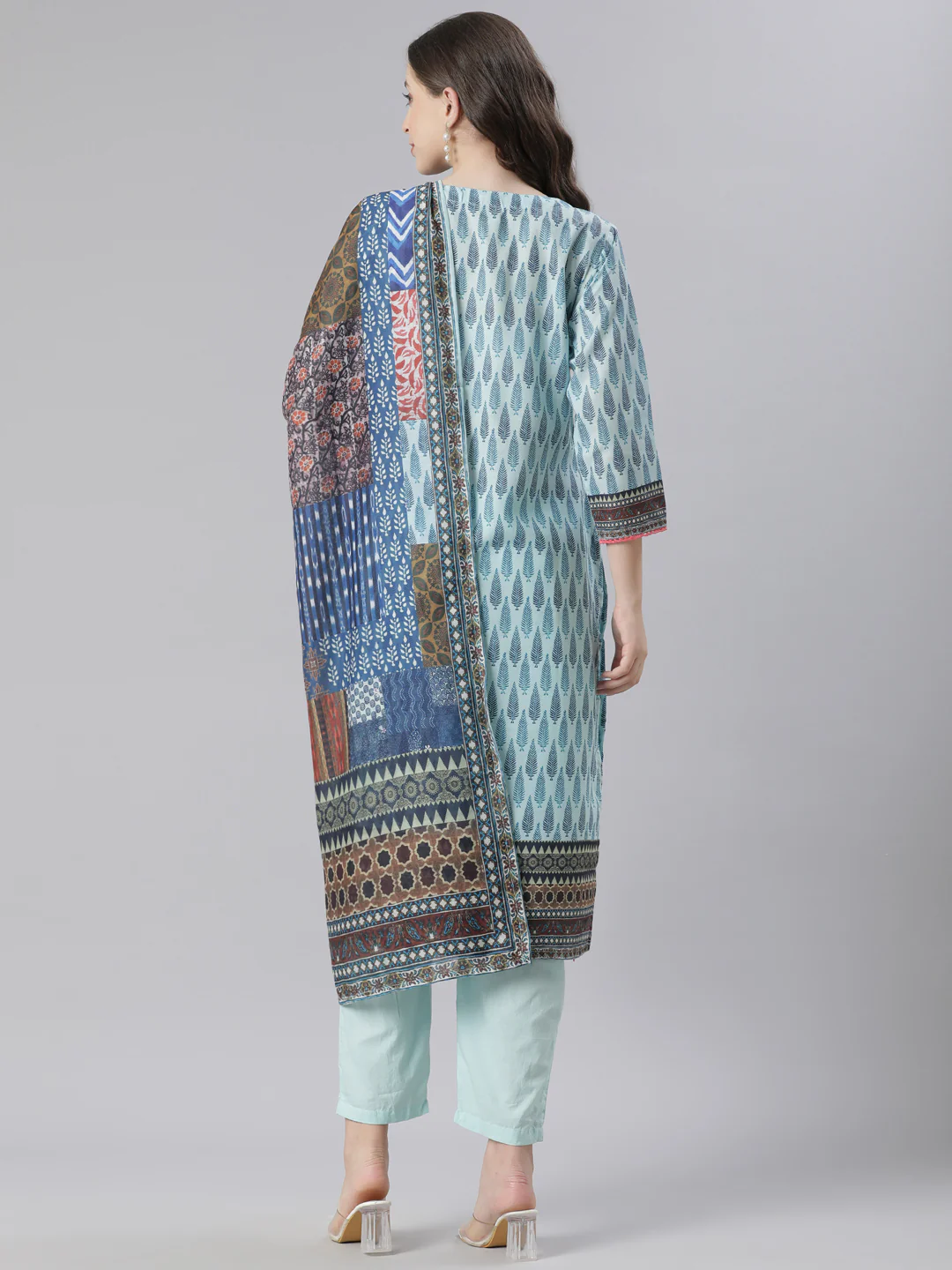 Neerus Blue Printed Straight Kurta and Trousers With Dupatta - Image 4