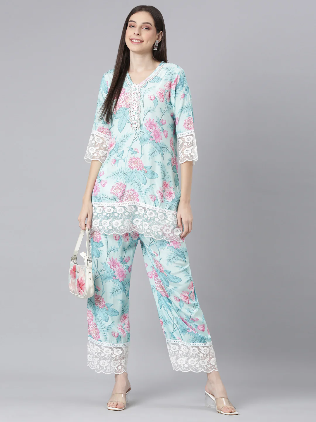 Neerus Blue Printed Straight Kurti and Trousers - Image 5