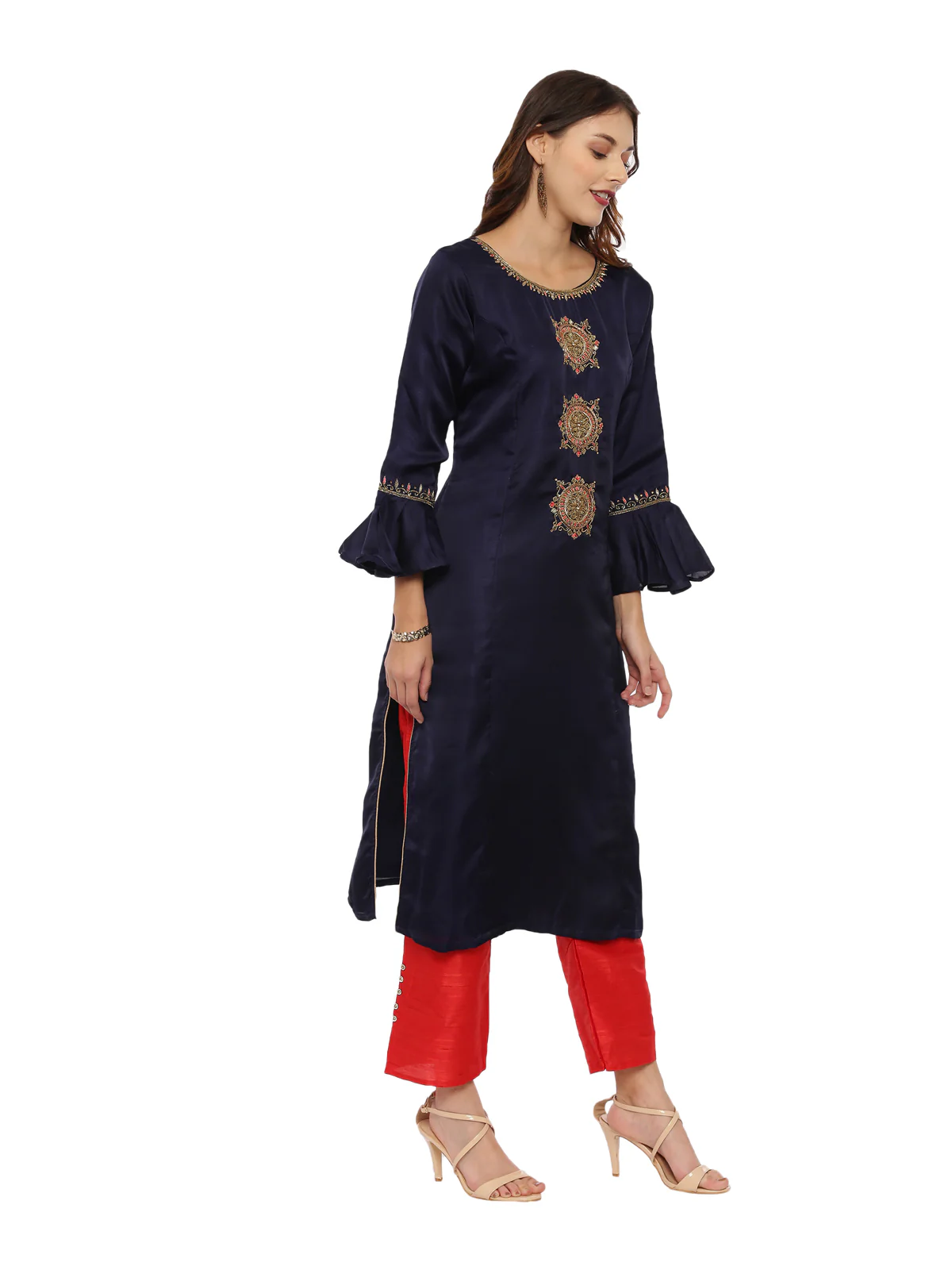 Neerus Blue & Red Embellished Kurta With Palazzo & Dupatta - Image 3