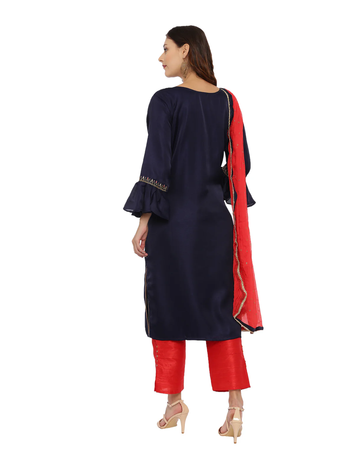 Neerus Blue & Red Embellished Kurta With Palazzo & Dupatta - Image 4