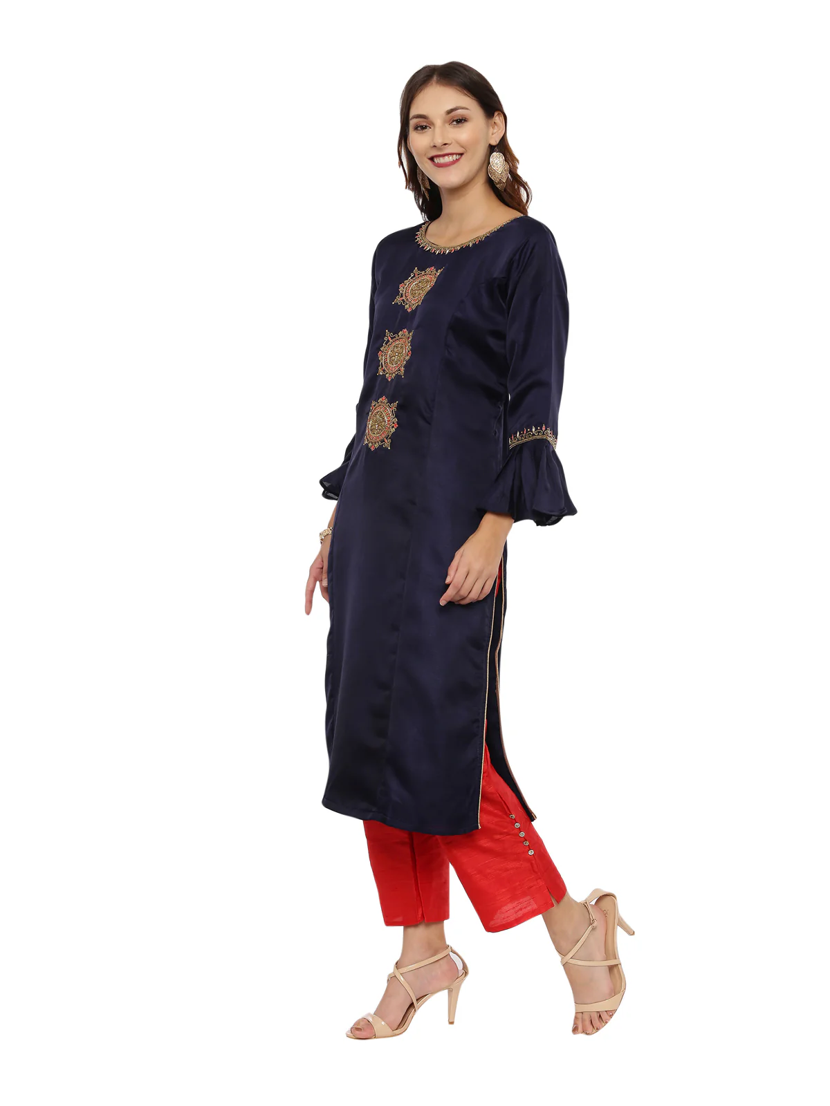 Neerus Blue & Red Embellished Kurta With Palazzo & Dupatta - Image 5