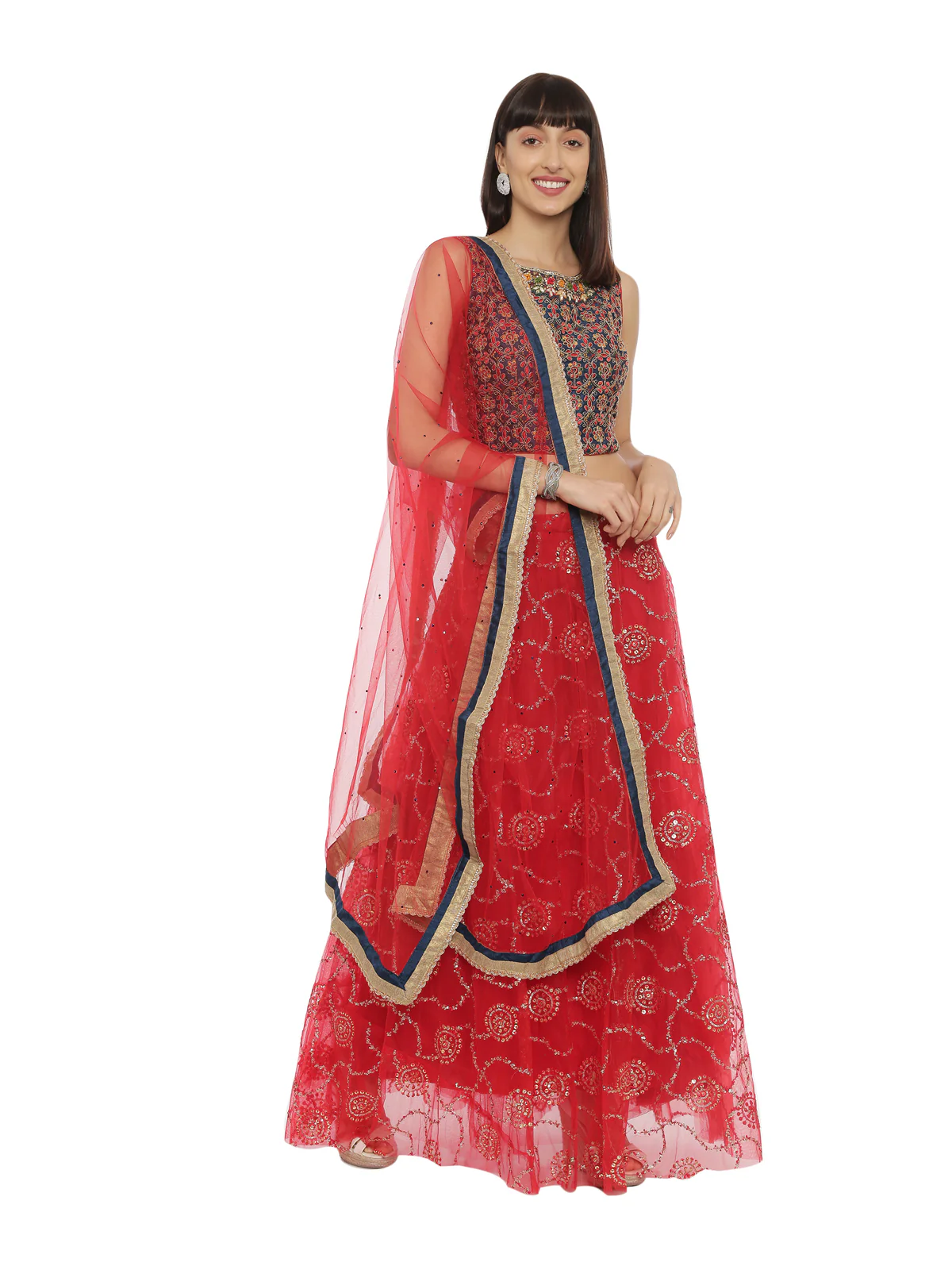 Neerus Blue & Red Embroidered Lehenga Set