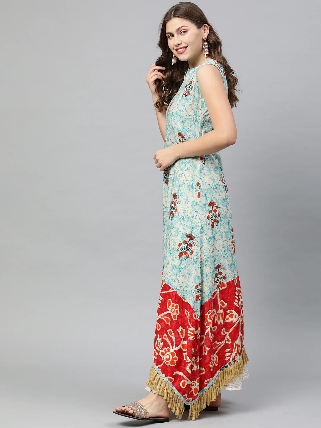 Neerus Blue & Red Printed Anarkali Kurta - Image 3