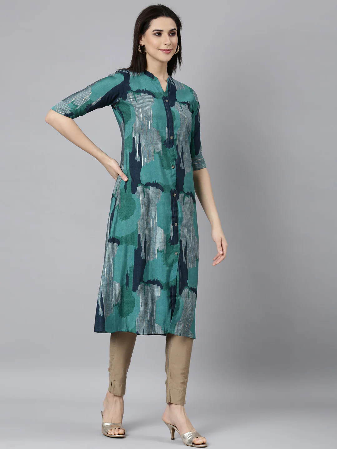 Neerus Blue Regular A-Line Colourblocked Kurta - Image 2