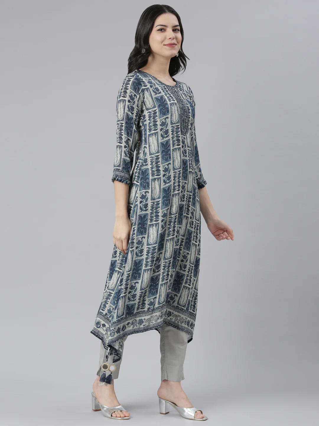 Neerus Blue Regular A-Line Tribal Kurta - Image 3