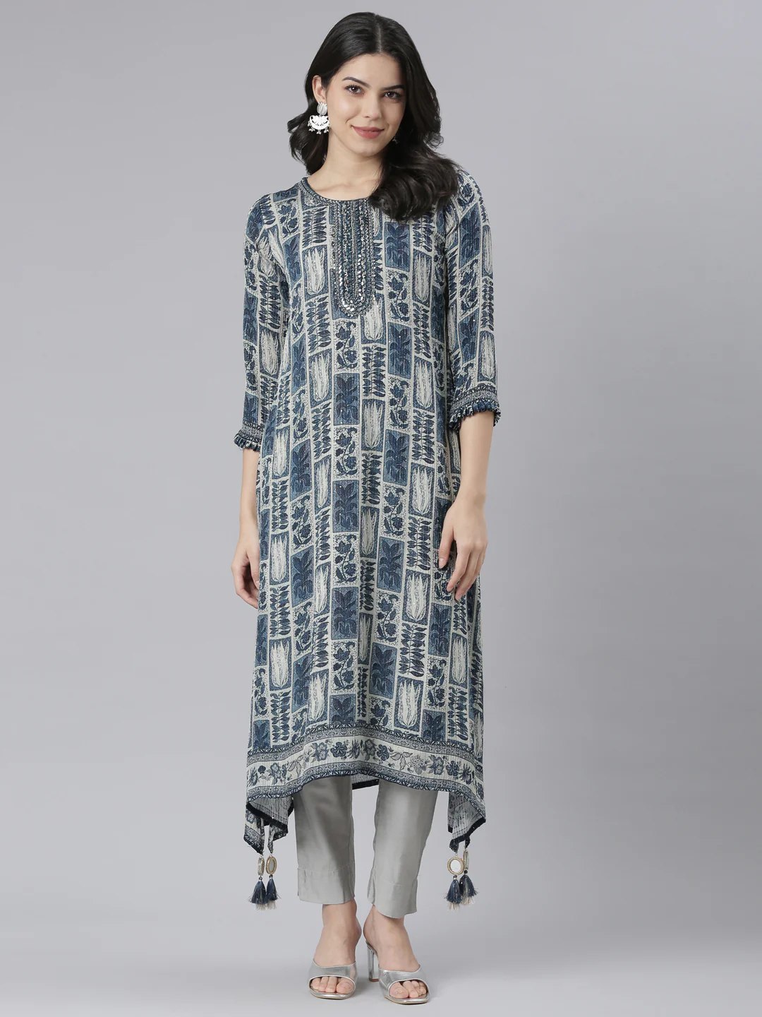 Neerus Blue Regular A-Line Tribal Kurta - Image 7