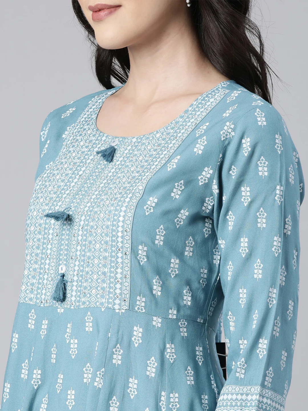 Neerus Blue Regular Anarkali Floral Kurta - Image 4