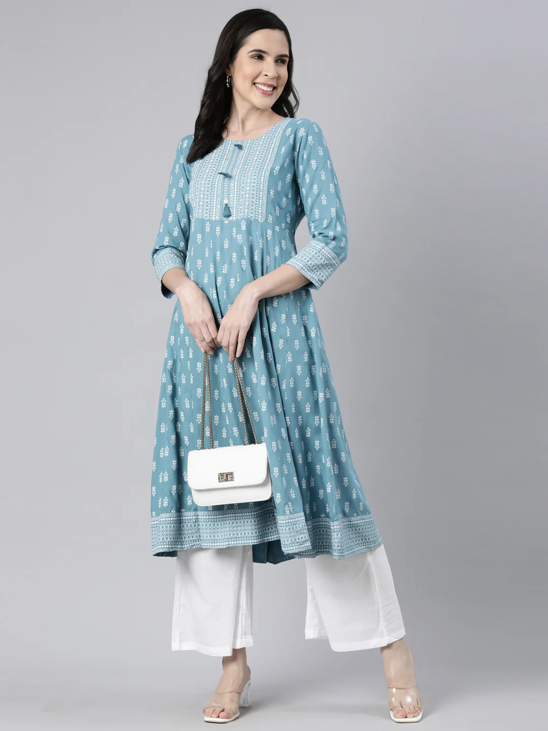 Neerus Blue Regular Anarkali Floral Kurta - Image 5