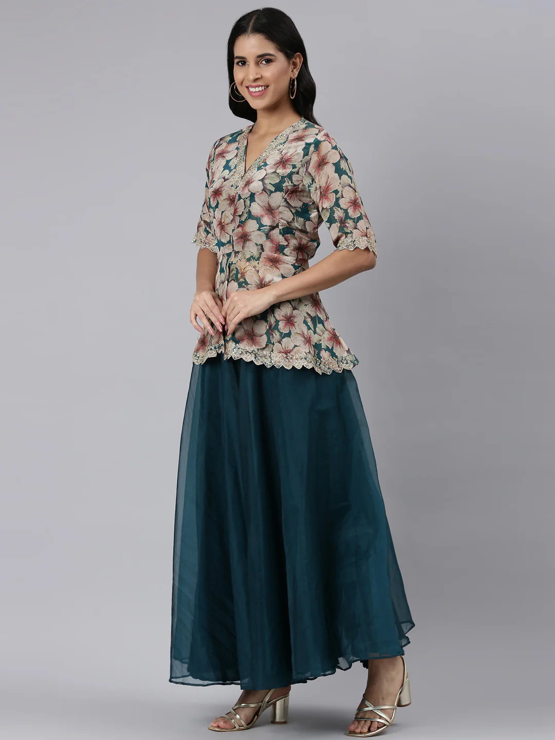 Neerus Blue Regular Asymmetric Printed Kurti and Skirt - Image 2
