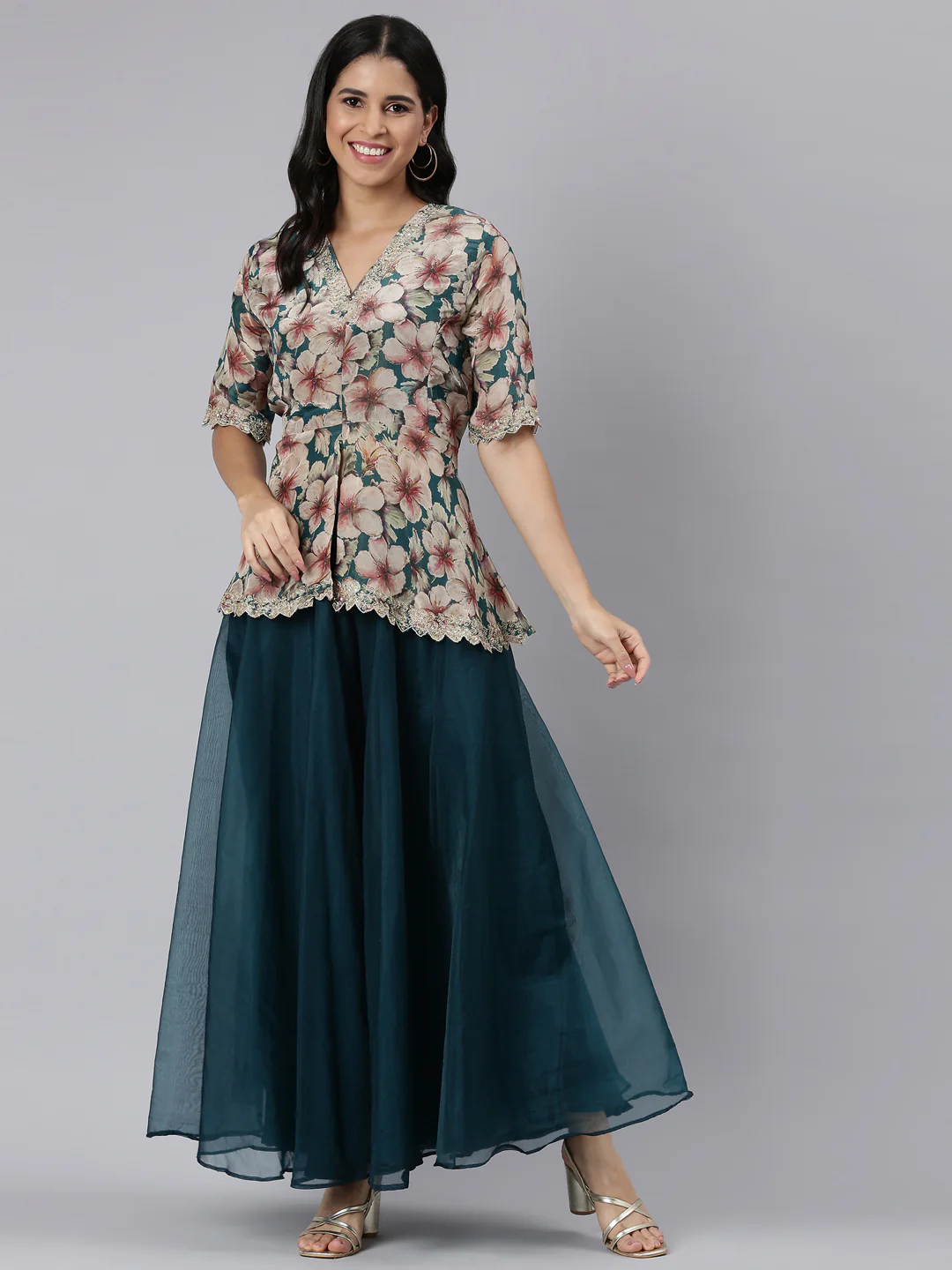 Neerus Blue Regular Asymmetric Printed Kurti and Skirt - Image 5