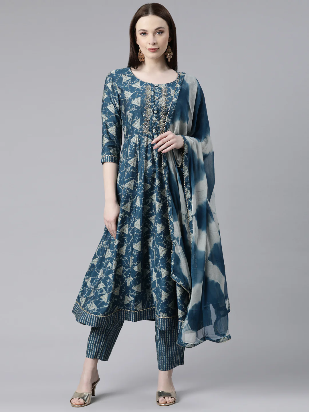 Neerus Blue Regular Calf Length Printed Readymade Suits