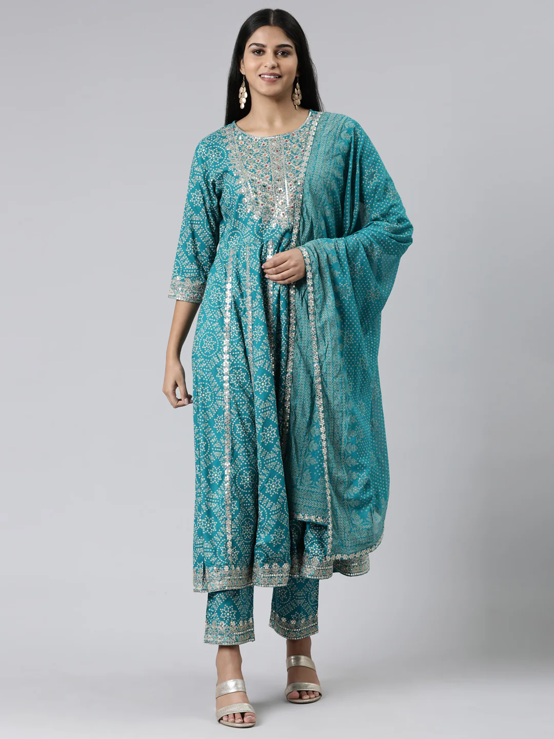 Neerus Blue Regular Calf Length Printed Readymade Suits