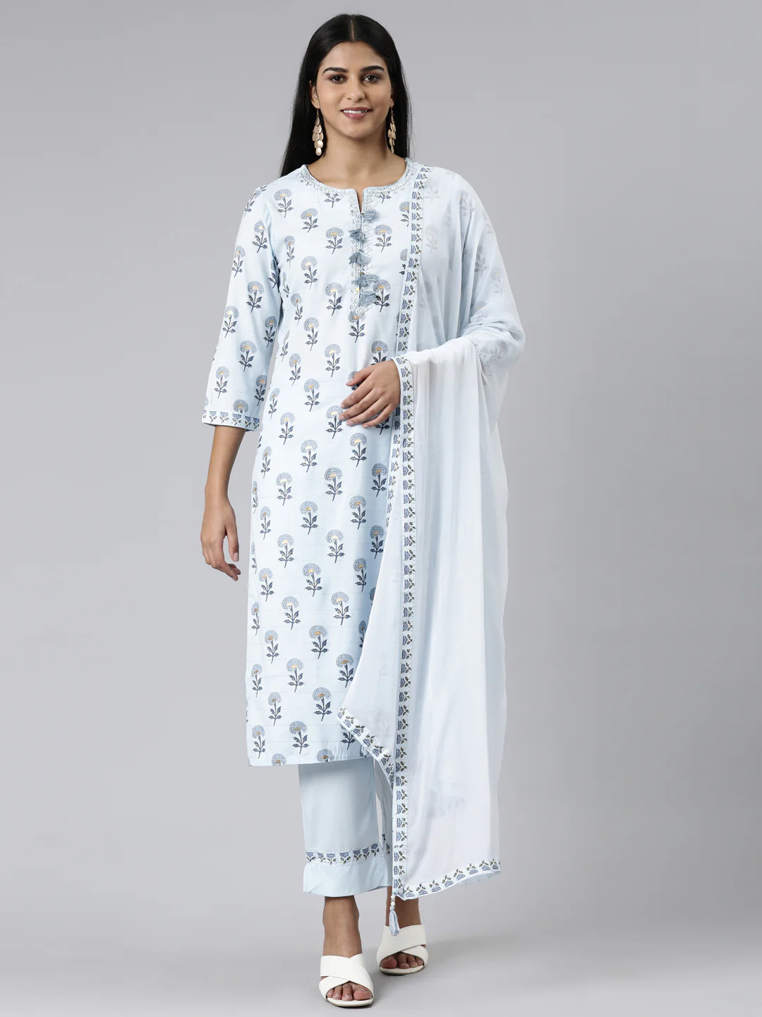 Neerus Blue Regular Calf Length Printed Readymade Suits