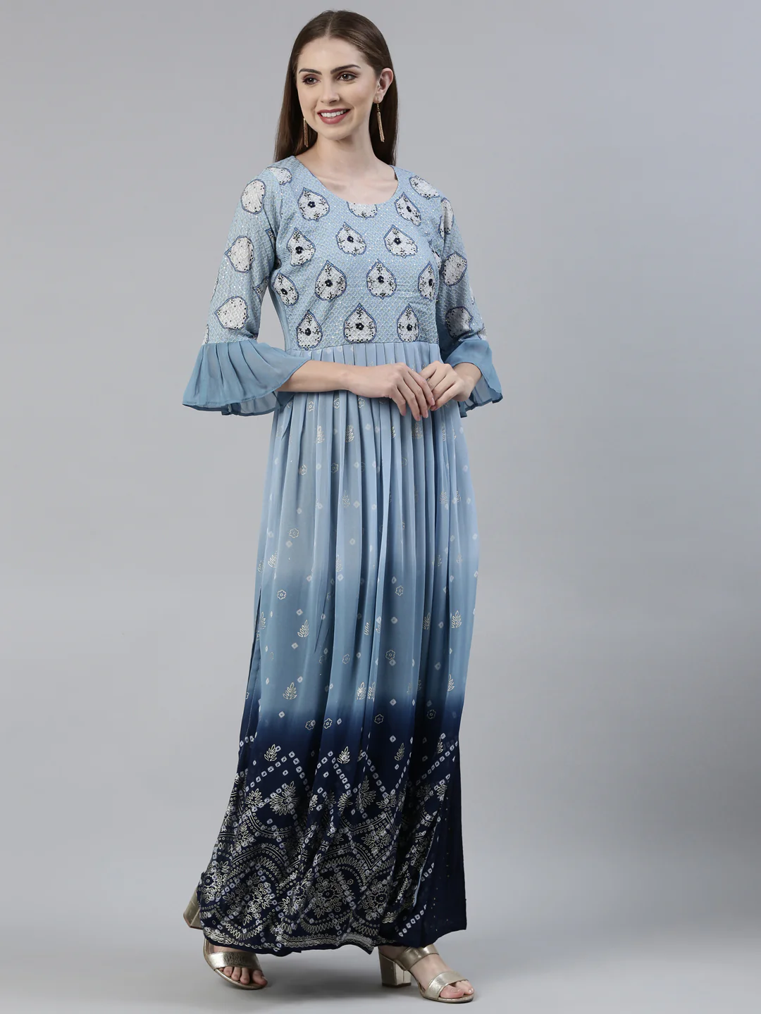 Neerus Blue Regular Floor Length Printed Kurta Solid Sharara With Dupatta - Image 2