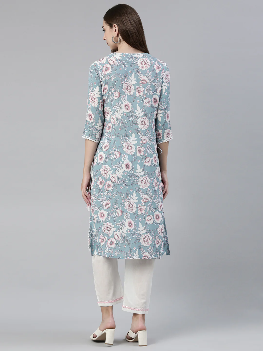 Neerus Blue Regular Knee Length Printed Kurta Solid Trousers - Image 3