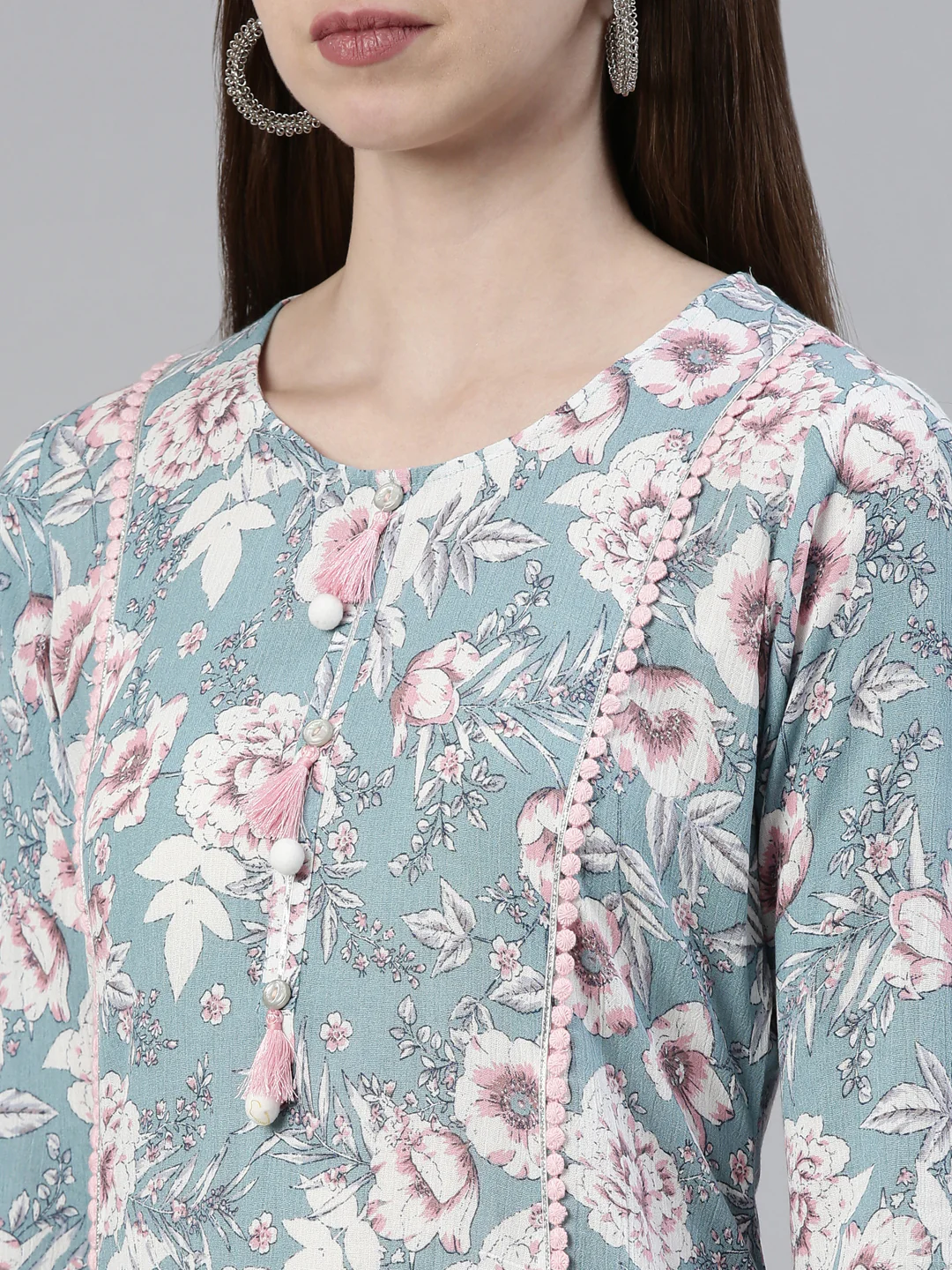 Neerus Blue Regular Knee Length Printed Kurta Solid Trousers - Image 4
