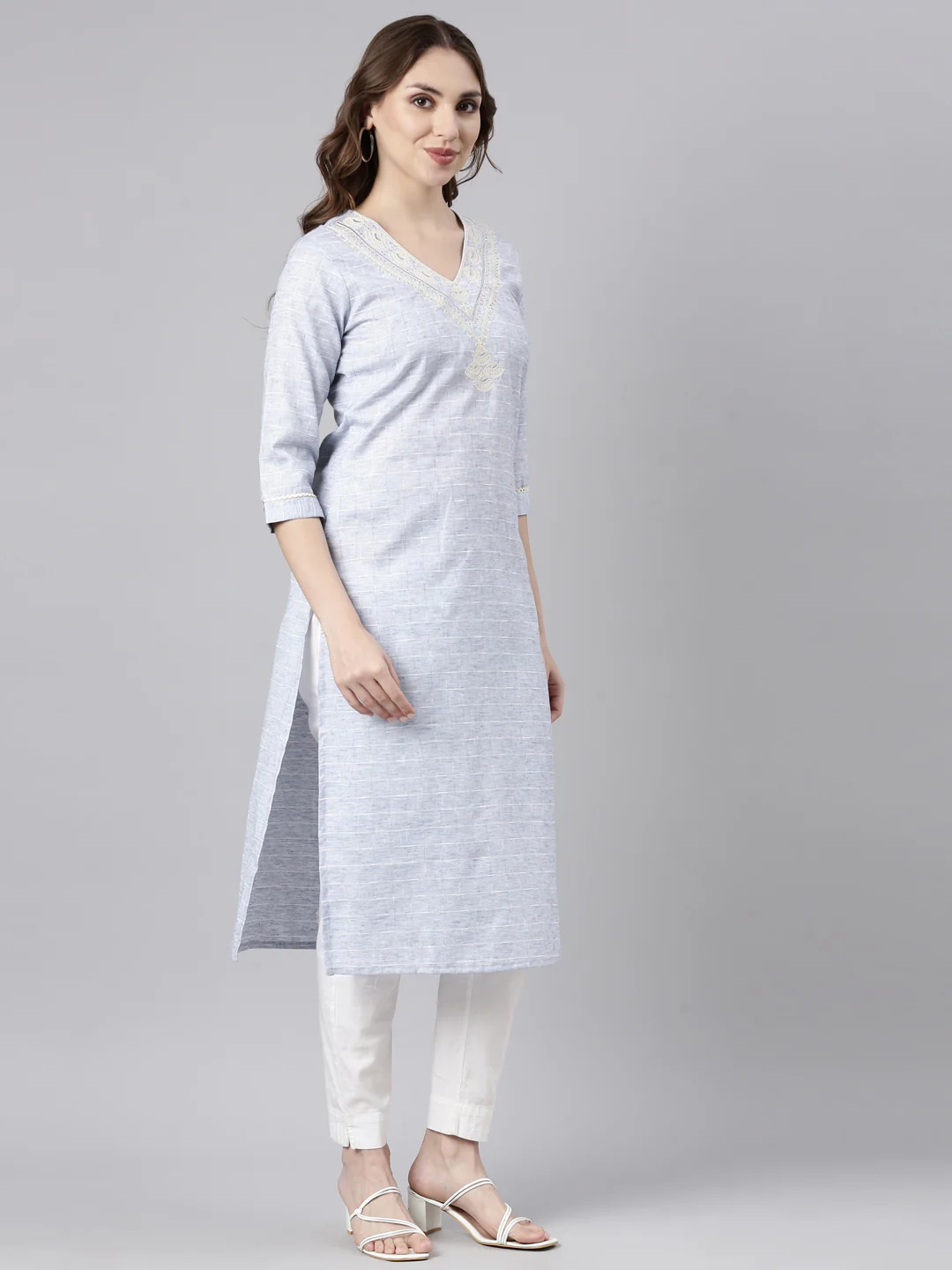 Neerus Blue Regular Straight Checked Kurta - Image 2