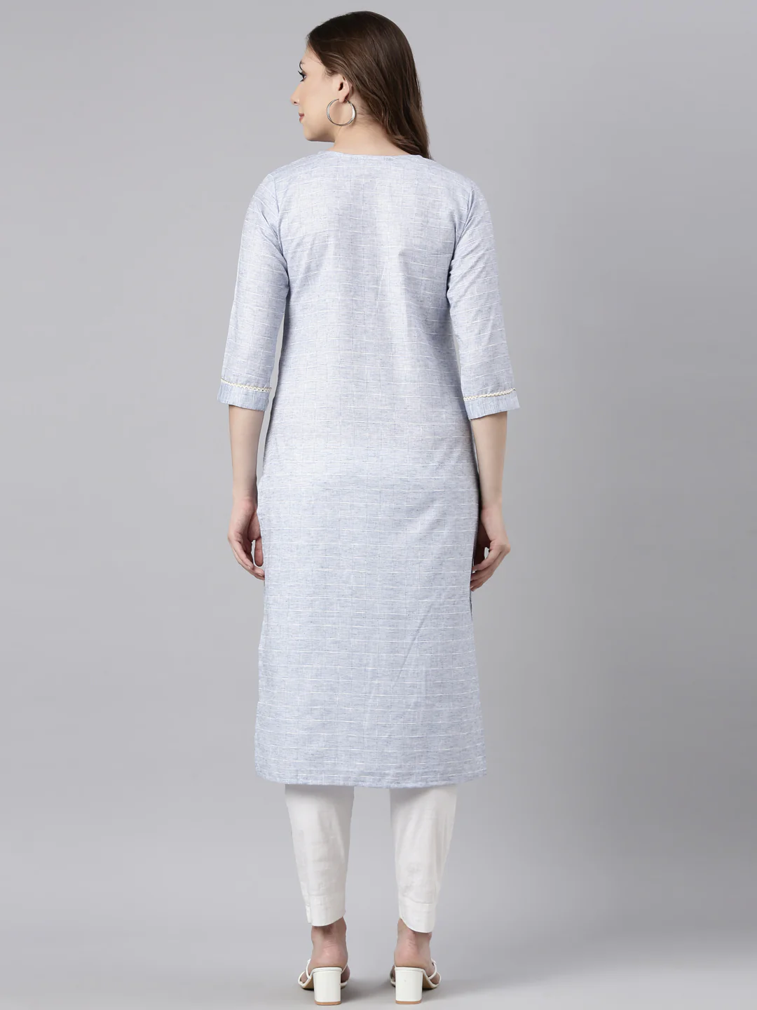 Neerus Blue Regular Straight Checked Kurta - Image 3