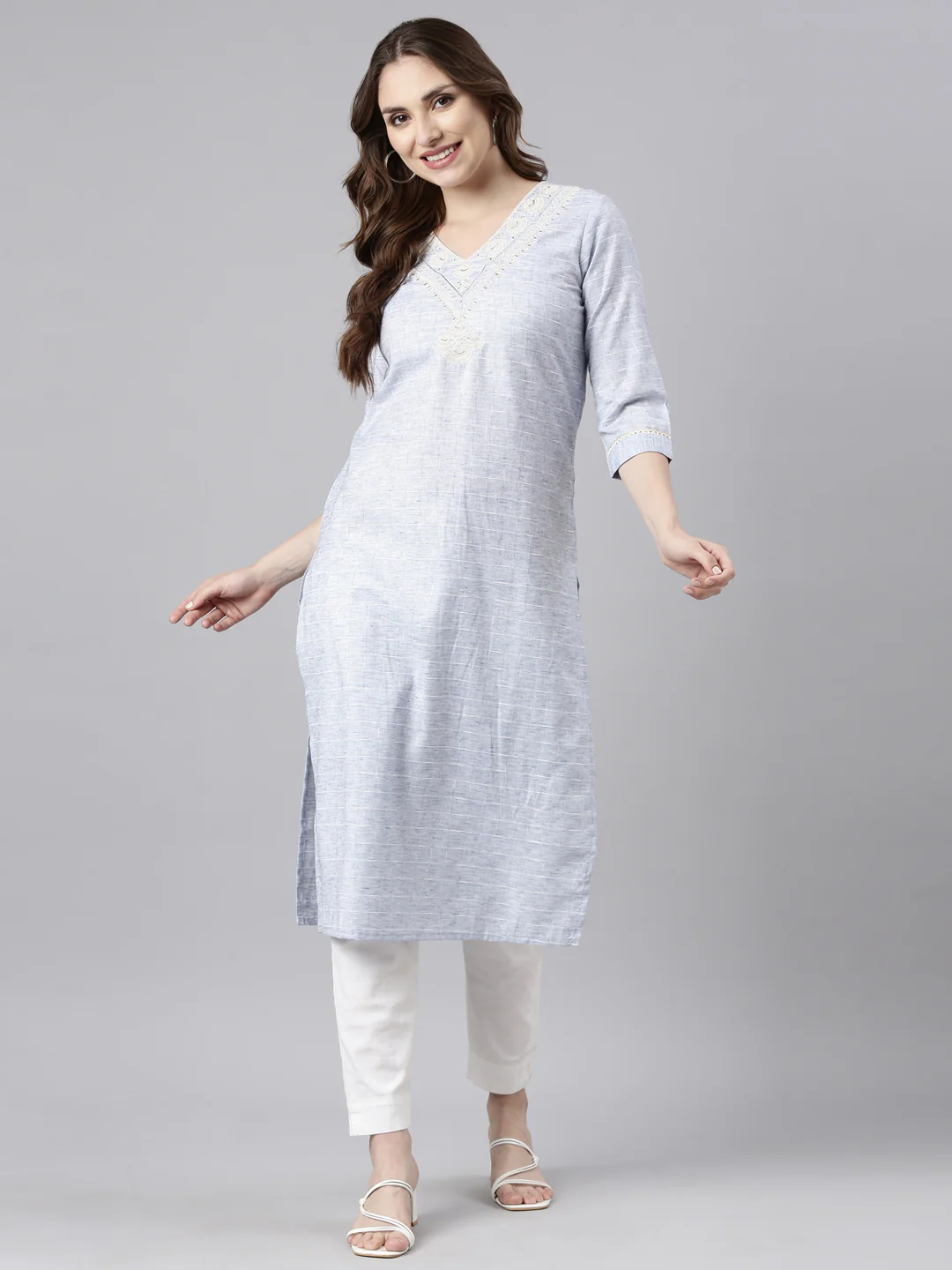 Neerus Blue Regular Straight Checked Kurta - Image 5