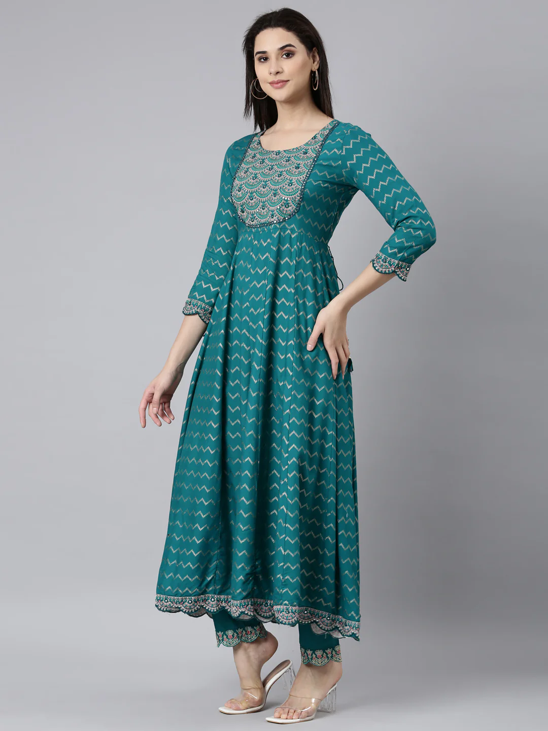 Neerus Blue Regular Straight Chevron Kurta And Trousers With Dupatta - Image 2