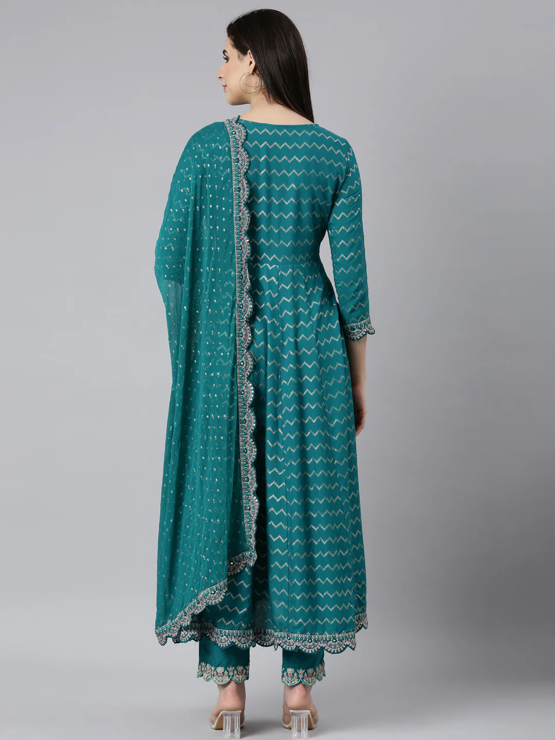 Neerus Blue Regular Straight Chevron Kurta And Trousers With Dupatta - Image 3