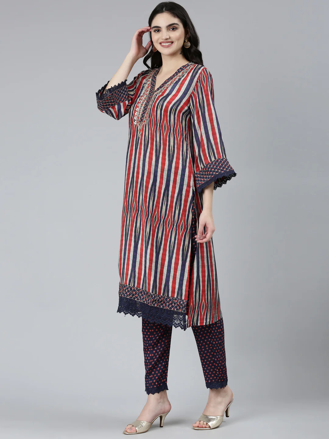 Neerus Blue Regular Straight Chevron Kurta Sets And Trousers With Dupatta - Image 2