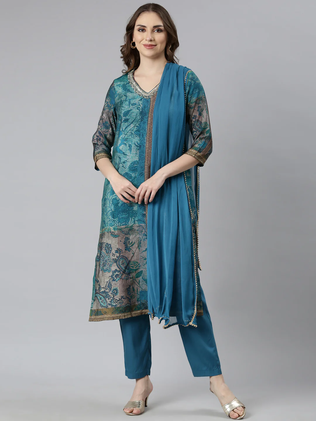 Neerus Blue Regular Straight Colourblocked Kurta And  Trousers With Dupatta