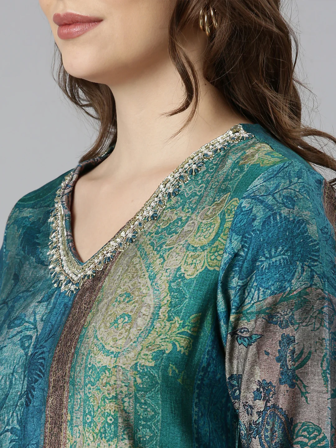 Neerus Blue Regular Straight Colourblocked Kurta And  Trousers With Dupatta - Image 4