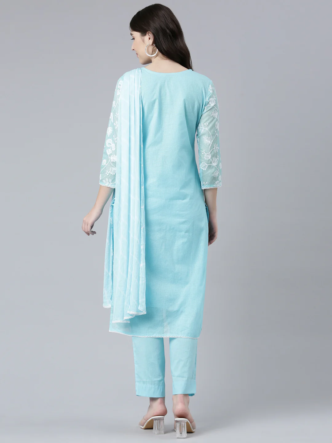 Neerus Blue Regular Straight Embroidered Kurta And Trousers With Dupatta - Image 3