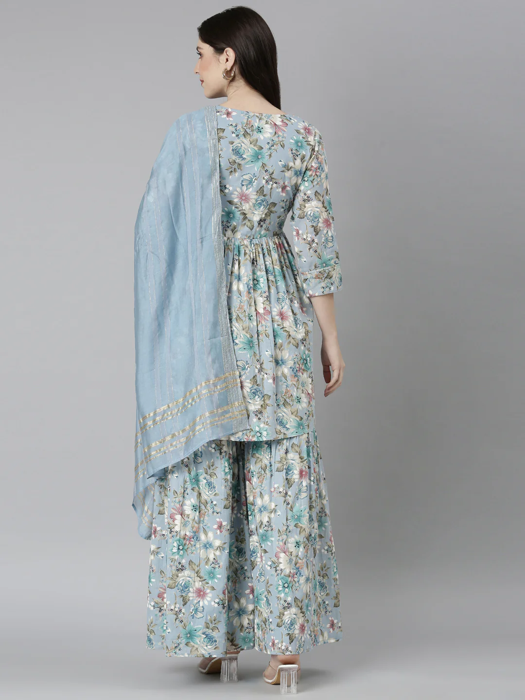 Neerus Blue Regular Straight Floral Kurta And Palazzos With Dupatta - Image 3