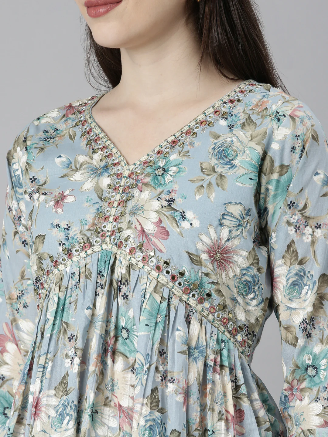 Neerus Blue Regular Straight Floral Kurta And Palazzos With Dupatta - Image 4