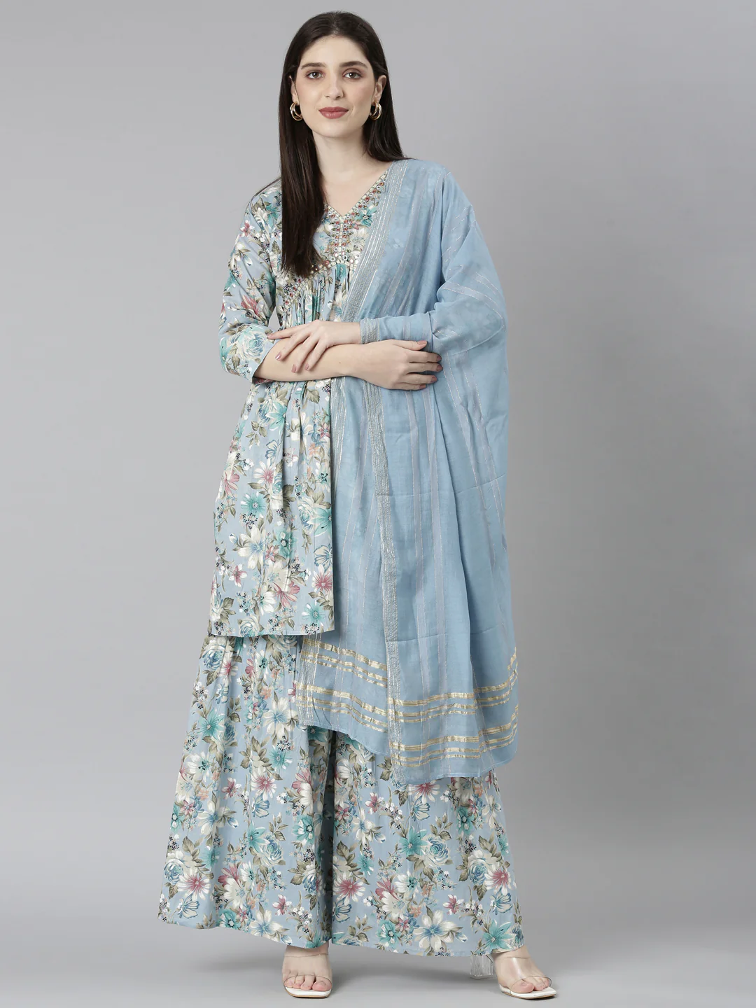 Neerus Blue Regular Straight Floral Kurta And Palazzos With Dupatta - Image 5