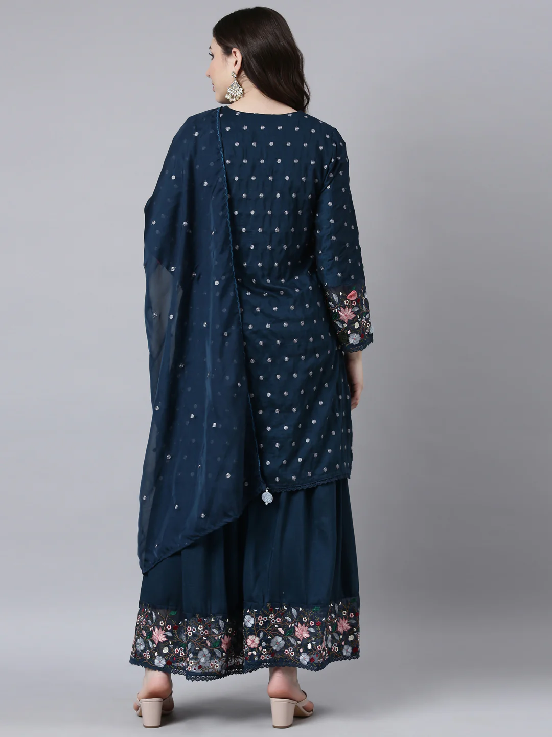 Neerus Blue Regular Straight Floral Kurta And Sharara With Dupatta - Image 3