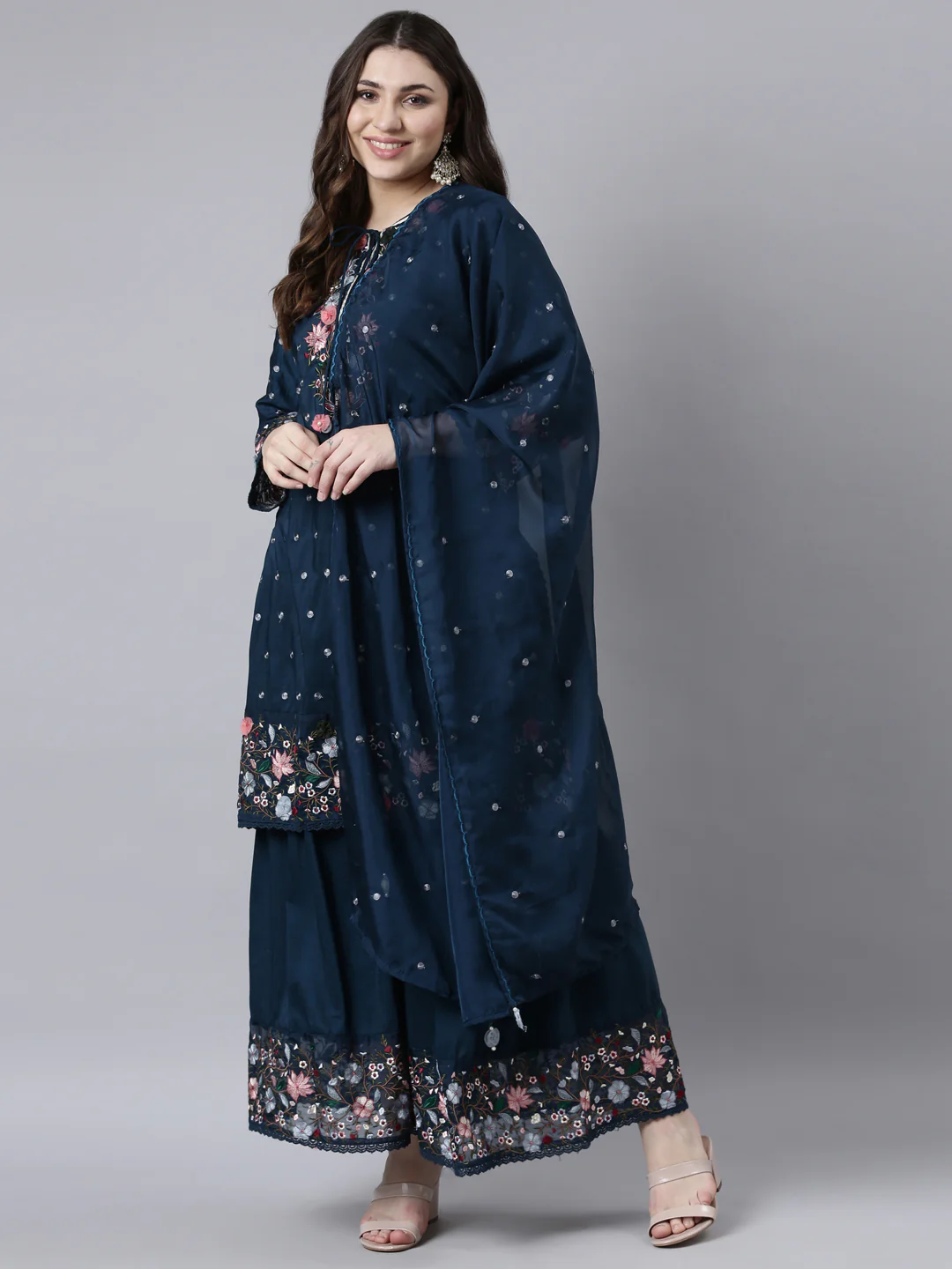 Neerus Blue Regular Straight Floral Kurta And Sharara With Dupatta - Image 5
