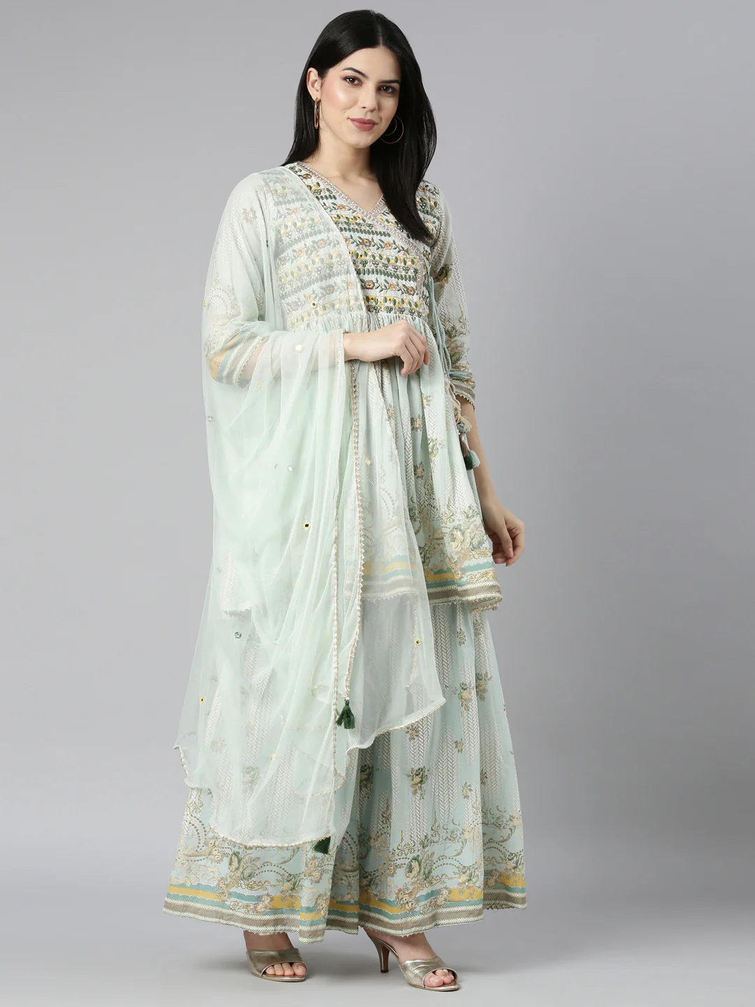 Neerus Blue Regular Straight Floral Kurta And Sharara With Dupatta - Image 5