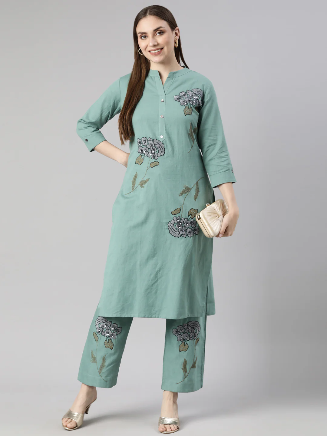 Neerus Blue Regular Straight Floral Kurta And Trousers - Image 5