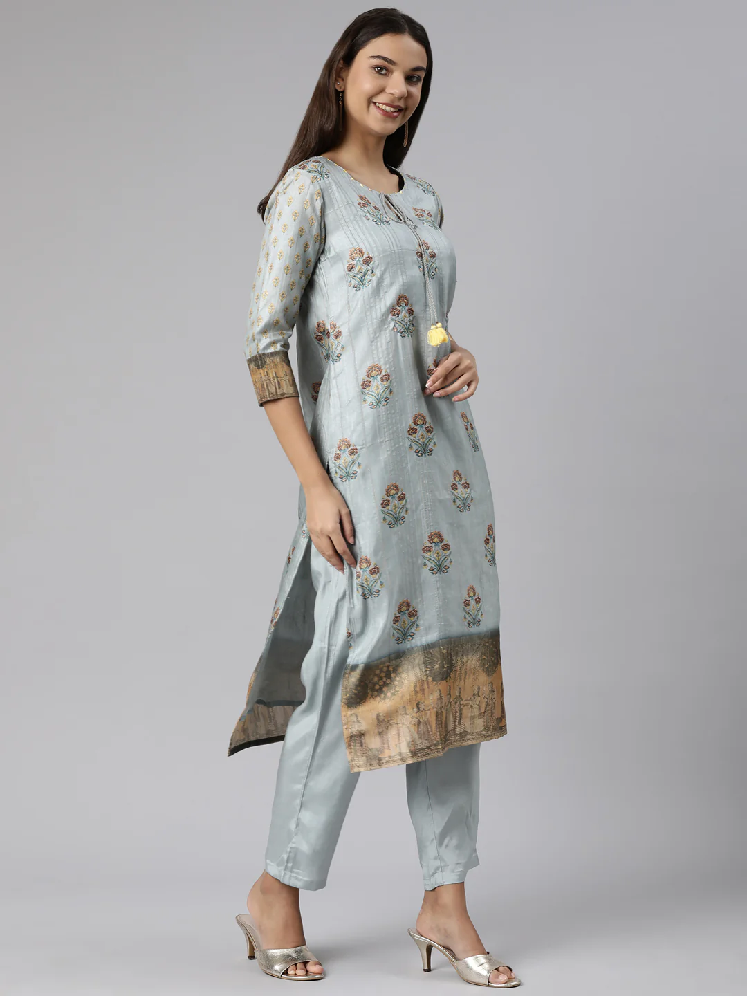 Neerus Blue Regular Straight Floral Kurta And Trousers With Dupatta - Image 2