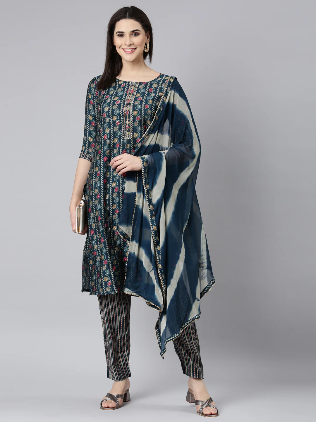 Neerus Blue Regular Straight Floral Kurta And Trousers With Dupatta - Image 5