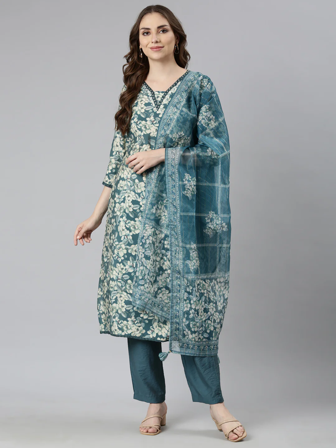 Neerus Blue Regular Straight Floral Kurta And Trousers With Dupatta