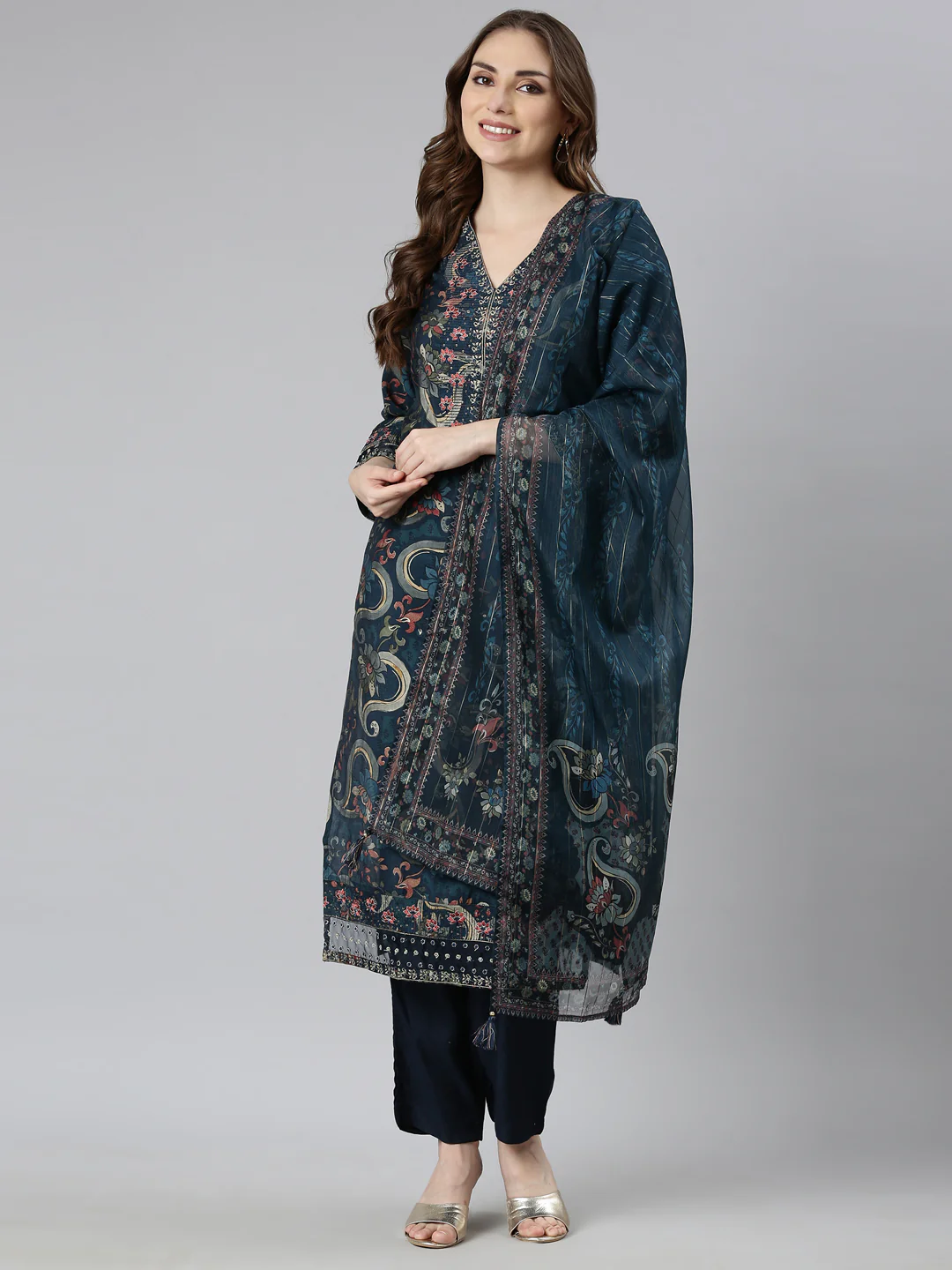 Neerus Blue Regular Straight Floral Kurta And Trousers With Dupatta - Image 5