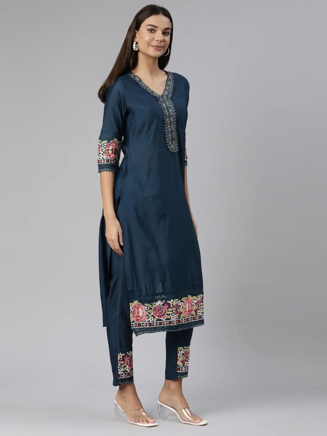 Neerus Blue Regular Straight Floral Kurta And Trousers With Dupatta - Image 2