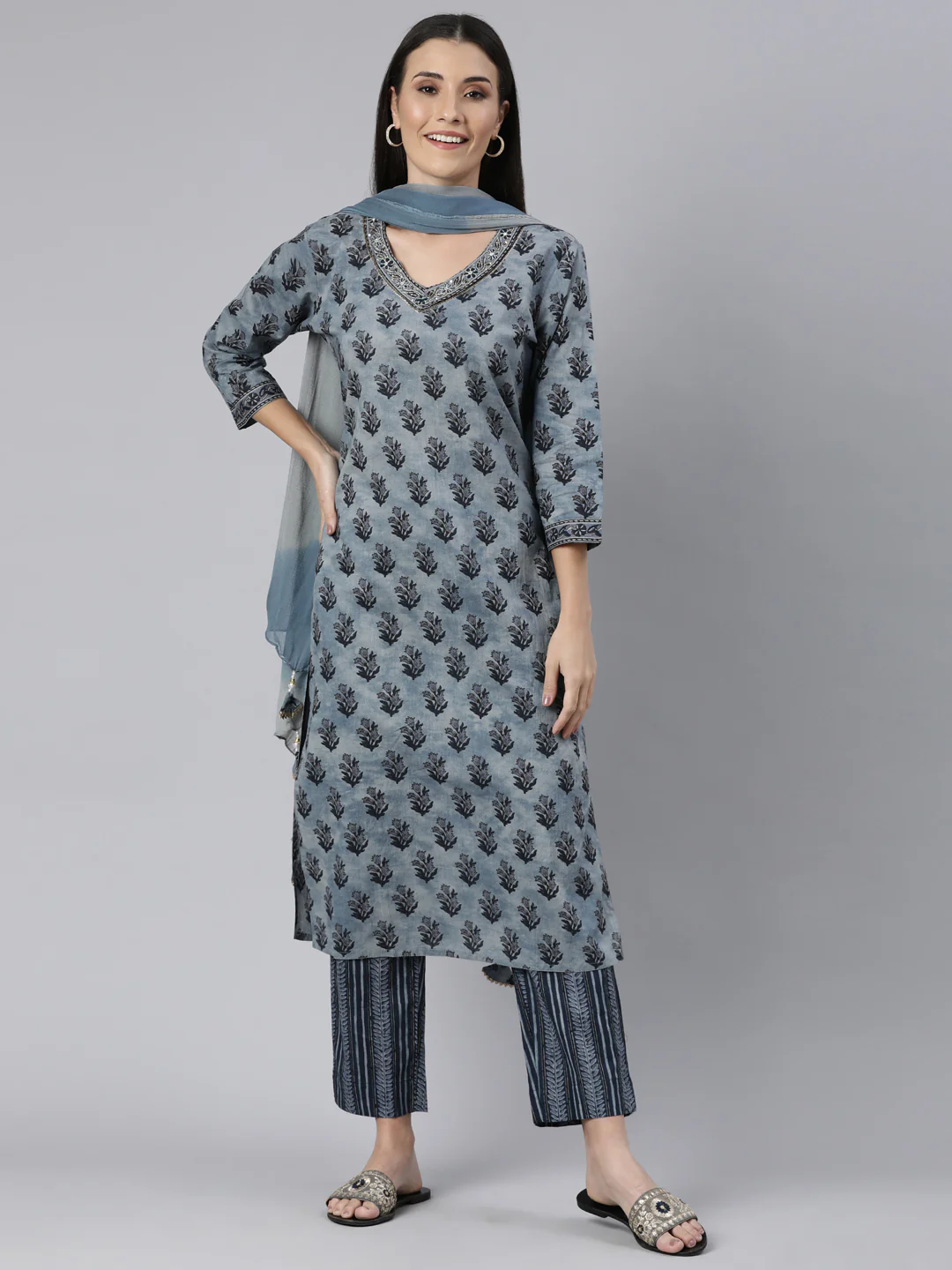Neerus Blue Regular Straight Floral Kurta And Trousers With Dupatta