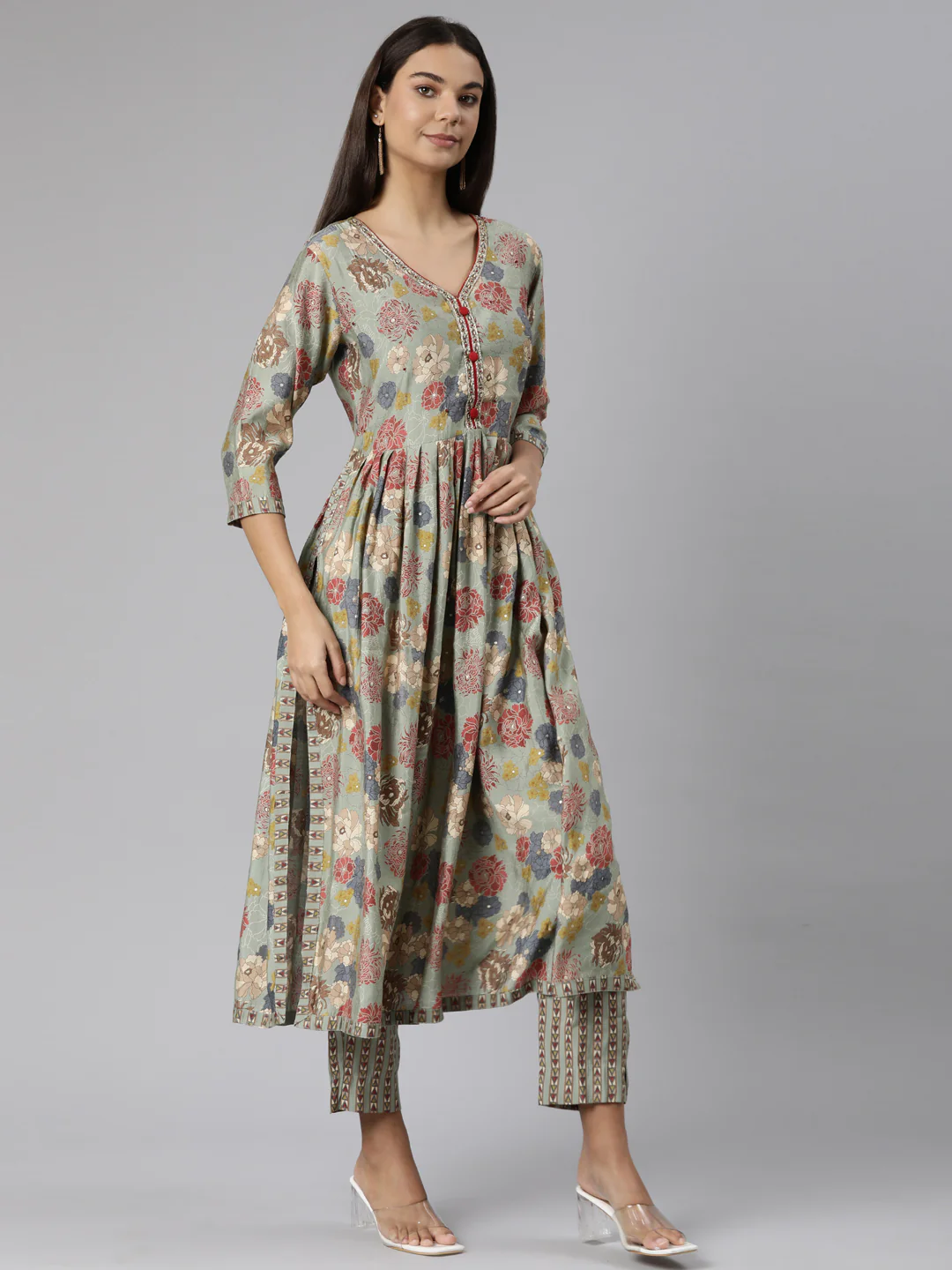 Neerus Regular Straight Floral Kurta And Trousers With Dupatta - Image 2