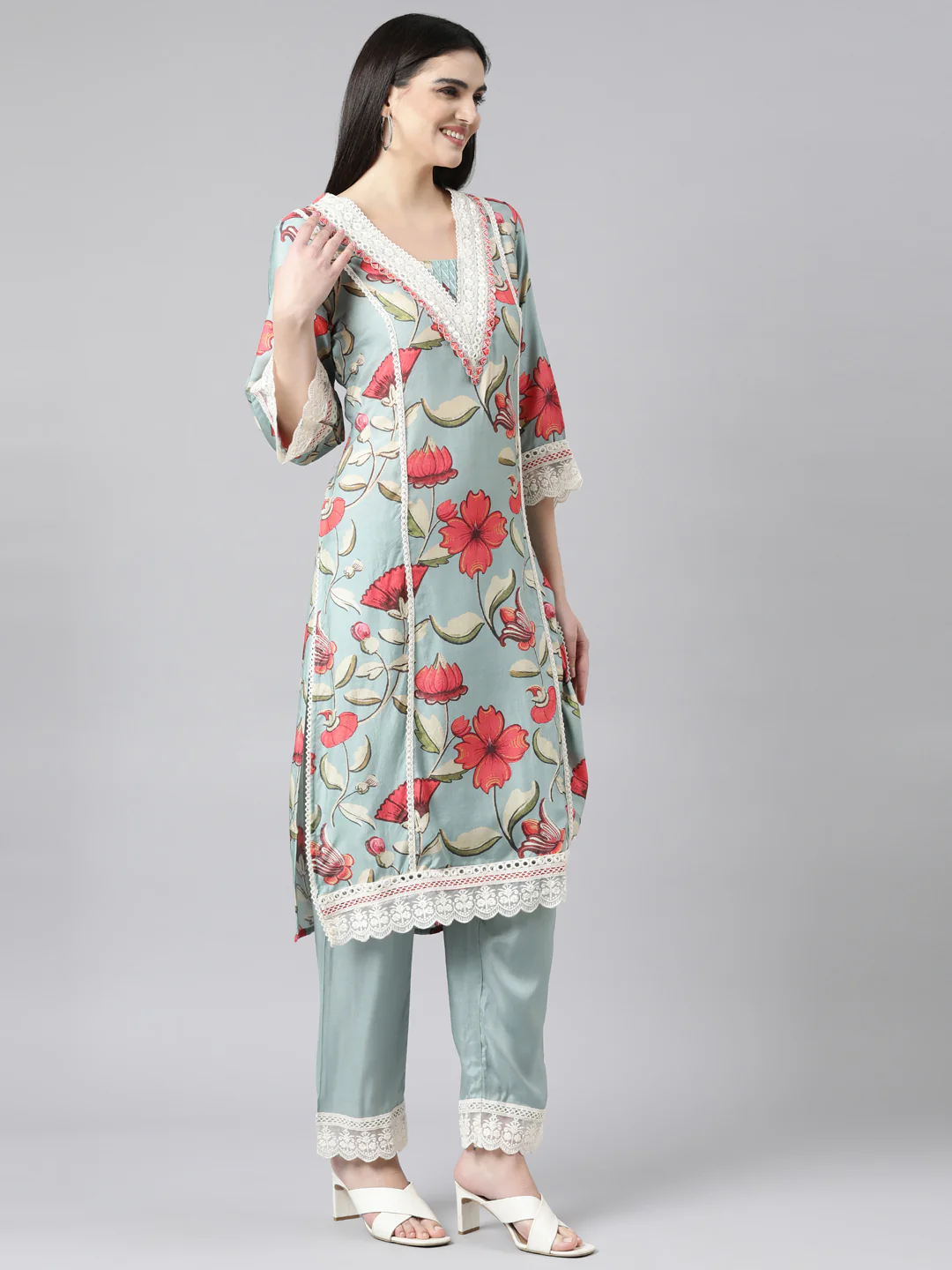 Neerus Blue Regular Straight Floral Kurta And Trousers With Dupatta - Image 2