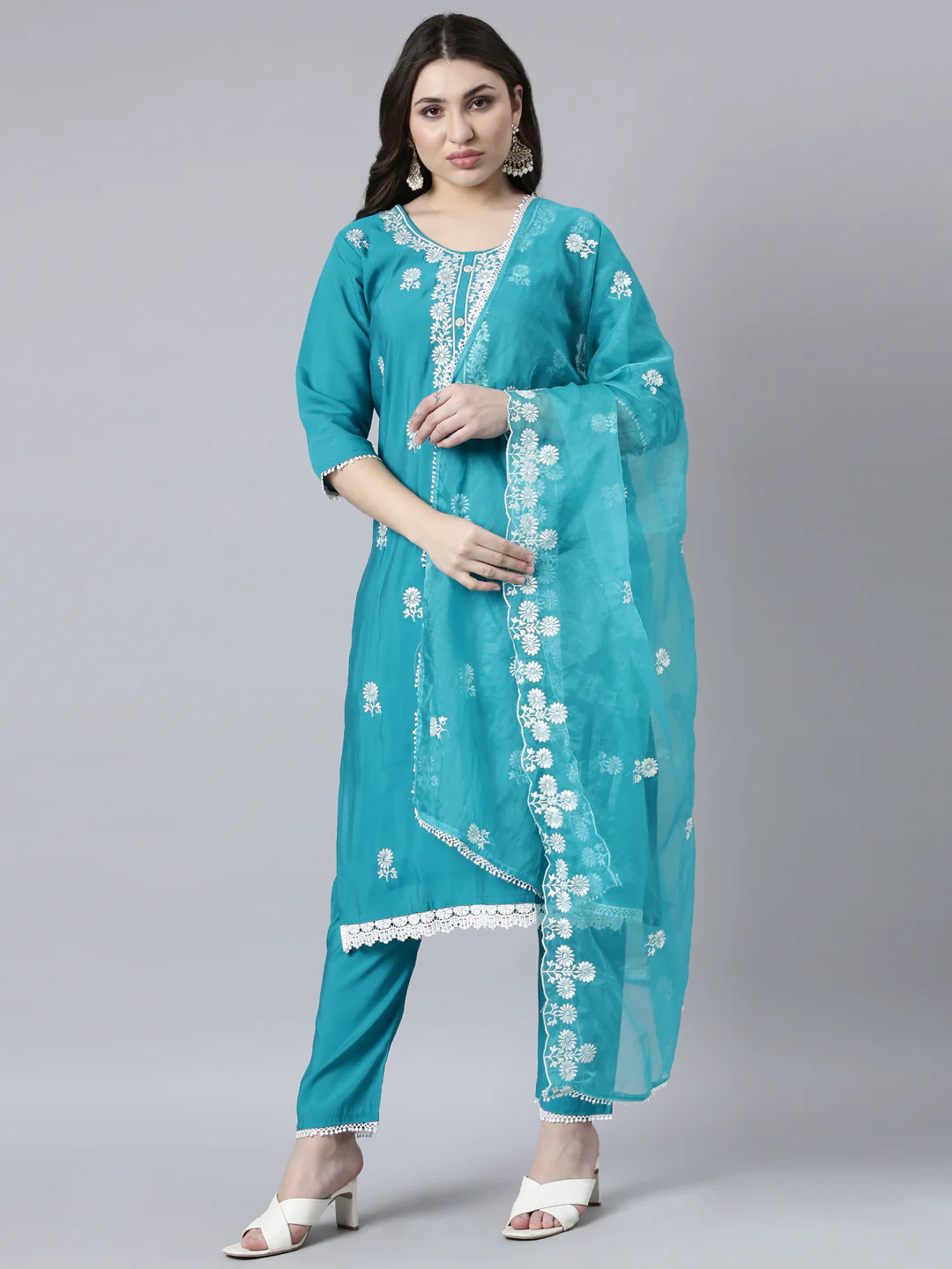 Neerus Blue Regular Straight Floral Kurta And Trousers With Dupatta